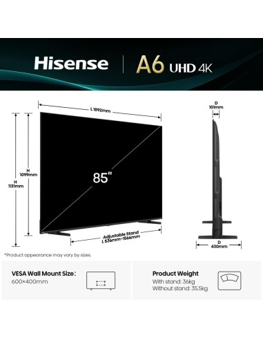 Hisense 85A6Q Televisor 2,16 m (85") 4K Ultra HD Smart TV Wifi Negro 400 cd   m²