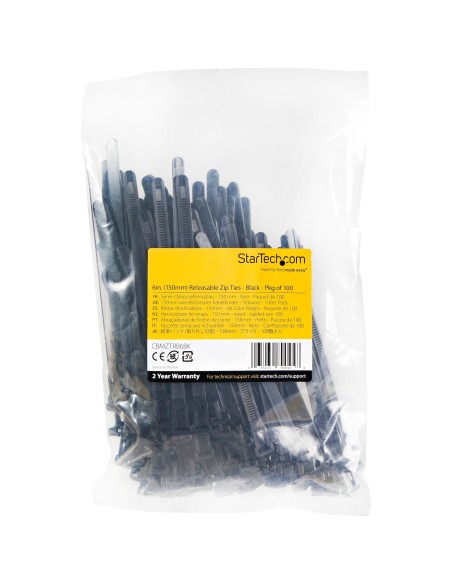 StarTech.com Bridas reutilizables de 15cm para cables - 7 mm de ancho, 35 mm de diámetro, soportan 22 kg de tensión, de nylon,