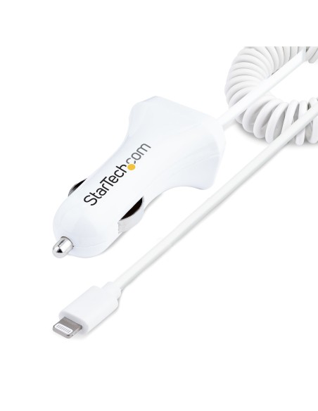 StarTech.com Cargador de Coche con Cable Rizado Lightning, Cable de 1m Rizado Lightning 12W Blanco, Cable Adaptador Cargador de