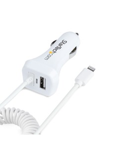 StarTech.com Cargador de Coche con Cable Rizado Lightning, Cable de 1m Rizado Lightning 12W Blanco, Cable Adaptador Cargador de 2