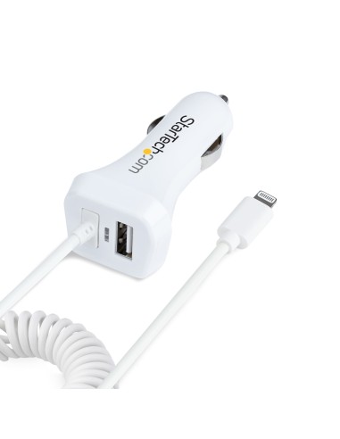 StarTech.com Cargador de Coche con Cable Rizado Lightning, Cable de 1m Rizado Lightning 12W Blanco, Cable Adaptador Cargador de