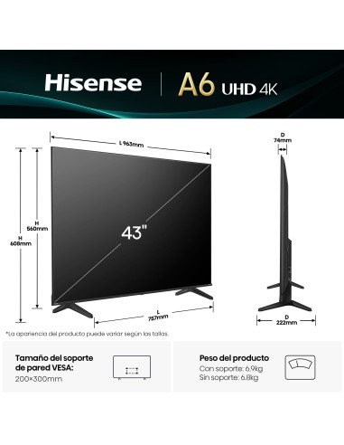 Hisense 43A6Q Televisor 109,2 cm (43") 4K Ultra HD Smart TV Wifi Negro 300 cd   m²