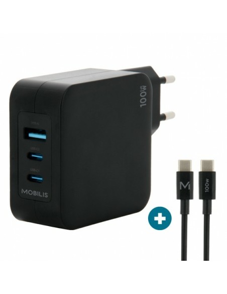 Mobilis Charger 100W 2USB C 1USBA GaN cable 100W Portátil, Smartphone, Tableta Negro Corriente alterna Interior