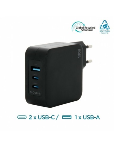 Mobilis Charger 100W 2USB C 1USBA GaN cable 100W Portátil, Smartphone, Tableta Negro Corriente alterna Interior