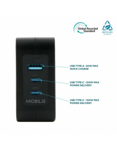Mobilis Charger 100W 2USB C 1USBA GaN cable 100W Portátil, Smartphone, Tableta Negro Corriente alterna Interior