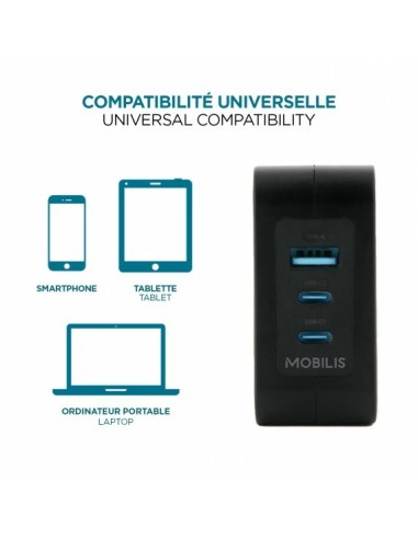 Mobilis Charger 100W 2USB C 1USBA GaN cable 100W Portátil, Smartphone, Tableta Negro Corriente alterna Interior