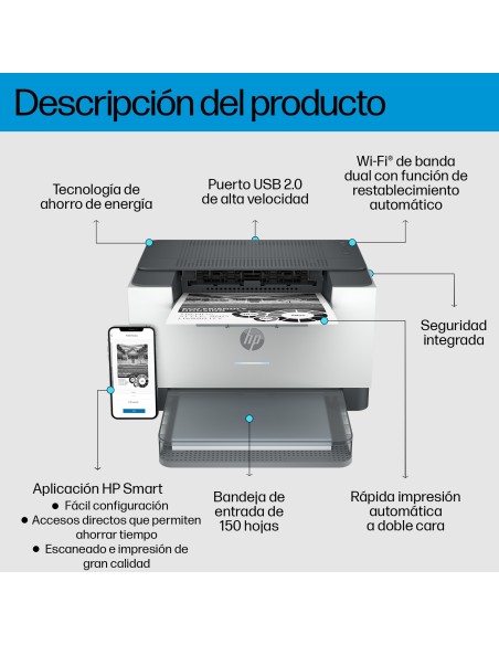 HP LaserJet M209dw Inalámbrico Blanco y negro Impresora, A doble cara