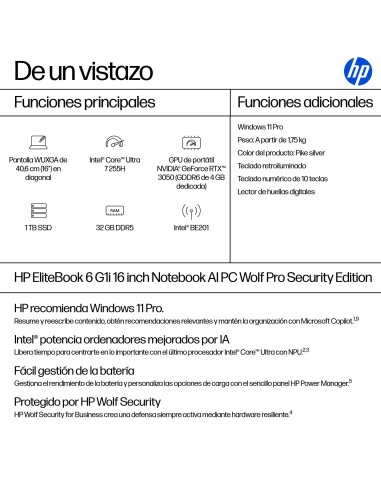 HP EliteBook 6 G1i Intel Core Ultra 7 255H Portátil 40,6 cm (16") WUXGA 32 GB DDR5-SDRAM 1 TB SSD Wi-Fi 7 (802.11be) Windows 11
