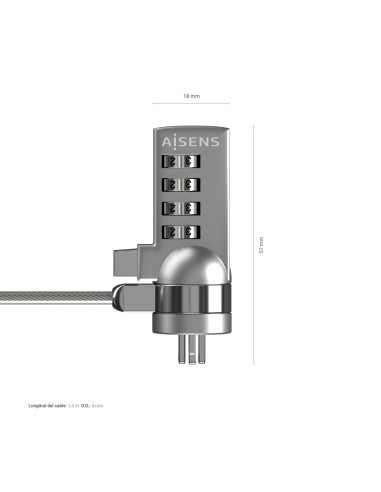 AISENS Cable de Seguridad con Cerradura de Combinacion para Ordenador, Monitor, Portatil 1.5M