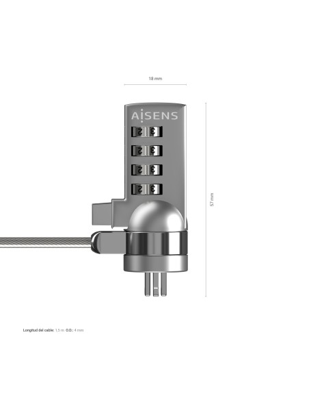 AISENS Cable de Seguridad con Cerradura de Combinacion para Ordenador, Monitor, Portatil 1.5M