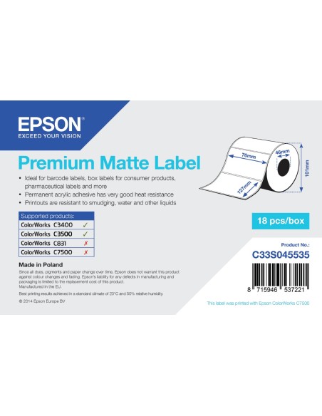 Epson Premium Matte Label - Die-cut Roll  76mm x 127mm, 265 labels