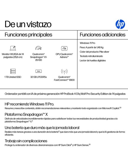 HP ProBook 4 G1q 14 inch Notebook Next Gen AI PC Wolf Pro Security Edition Copilot+ PC Qualcomm Snapdragon X1-26-100 35,6 cm