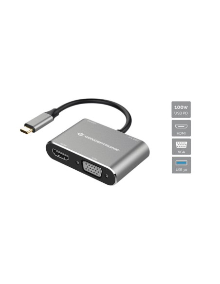 Conceptronic DONN16G base para portátil y replicador de puertos Alámbrico USB 3.2 Gen 1 (3.1 Gen 1) Type-C Negro, Plata