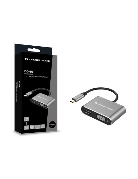 Conceptronic DONN16G base para portátil y replicador de puertos Alámbrico USB 3.2 Gen 1 (3.1 Gen 1) Type-C Negro, Plata