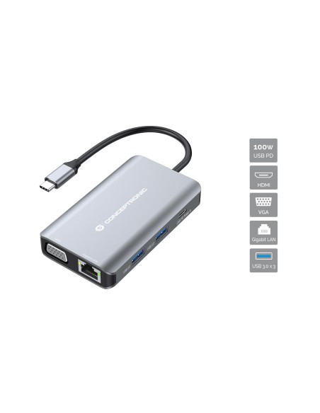 Conceptronic DONN21G base para portátil y replicador de puertos Alámbrico USB 3.2 Gen 1 (3.1 Gen 1) Type-C Gris