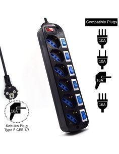 Ewent EW3851 limitador de tensión Negro 6 salidas AC 220 V 1,5 m 2