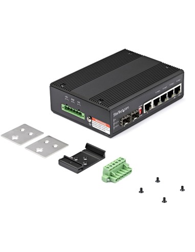 StarTech.com Switch Conmutador Industrial Ethernet Gigabit 6 Puertos - 4x RJ45 PoE - 2 Ranuras SFP PoE+ de 30W 12-48VDC DIN