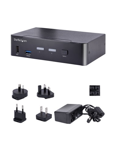 StarTech.com Switch Conmutador KVM USB C Tipo C, KVM de 2 puertos DisplayPort con Vídeo UHD HDR de 4K 60Hz, Audio de 3,5mm, Hub
