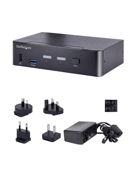 StarTech.com Switch Conmutador KVM USB C Tipo C, KVM de 2 puertos DisplayPort con Vídeo UHD HDR de 4K 60Hz, Audio de 3,5mm, Hub