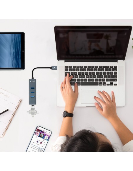 Nanocable USB 3.0 4xUSB3.0. USB-A M-USB 3.0 H, Gris, 10 cm
