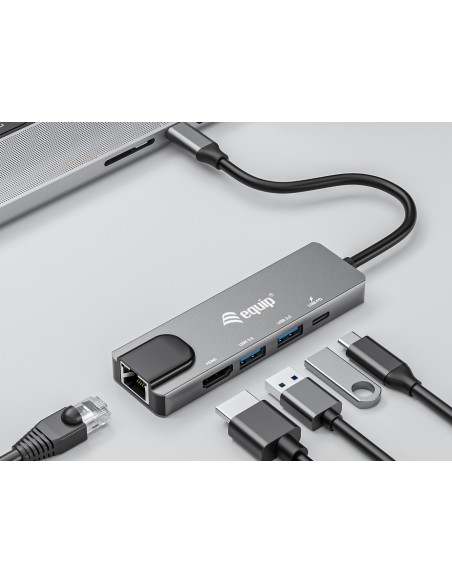 Equip Adaptador multifunción USB-C 5 en 1, HDMI , Gigabit LAN, USB 3.2 GEN1, 100W USB PD