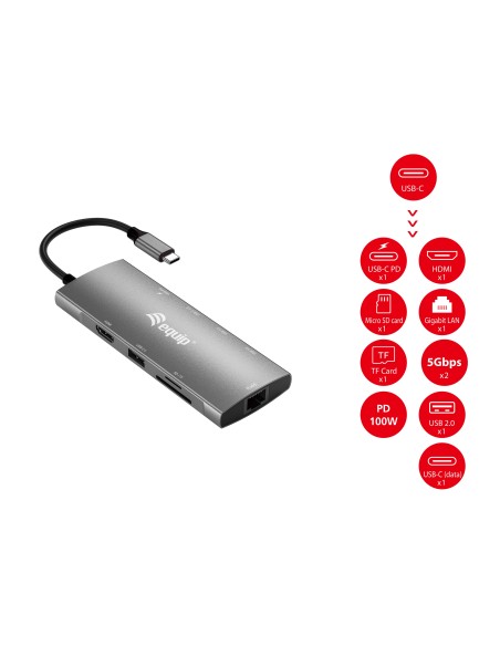 Equip Adaptador multifunción USB-C 9 en 1, HDMI 4K 60Hz, Gigabit LAN, USB 3.2 GEN1, SD TF, 100W USB PD