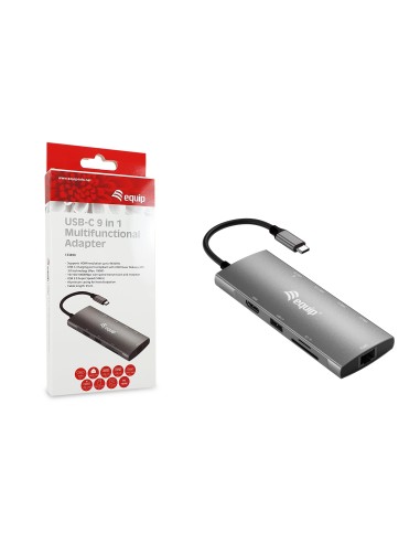 Equip Adaptador multifunción USB-C 9 en 1, HDMI 4K 60Hz, Gigabit LAN, USB 3.2 GEN1, SD TF, 100W USB PD