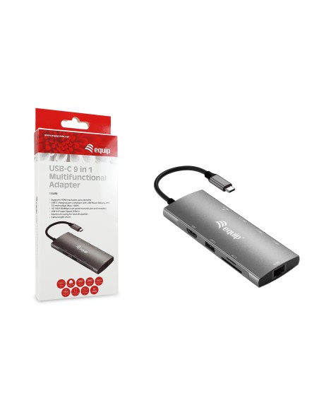 Equip Adaptador multifunción USB-C 9 en 1, HDMI 4K 60Hz, Gigabit LAN, USB 3.2 GEN1, SD TF, 100W USB PD