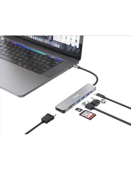 Equip 133494 Adaptador multifunción USB-C 7 en 1, HDMI 4K 60Hz, USB 3.2 Gen1 x 3 , TF MICRO SD, 100W USB PD