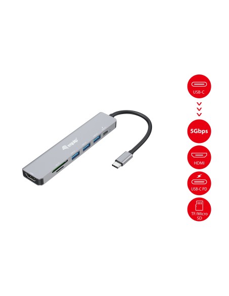 Equip 133494 Adaptador multifunción USB-C 7 en 1, HDMI 4K 60Hz, USB 3.2 Gen1 x 3 , TF MICRO SD, 100W USB PD