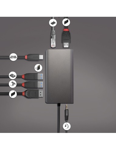 Lindy 43323 base para portátil y replicador de puertos Alámbrico USB 3.2 Gen 1 (3.1 Gen 1) Type-C Negro, Gris