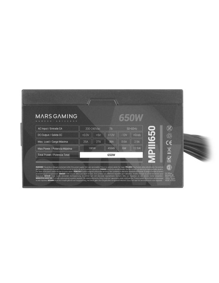 Mars Gaming MPIII650, Fuente Alimentación PC ATX 650W, 5 Años de Garantía, 85% Eficiencia, Sistema Digital APFC, Ventilador FDB