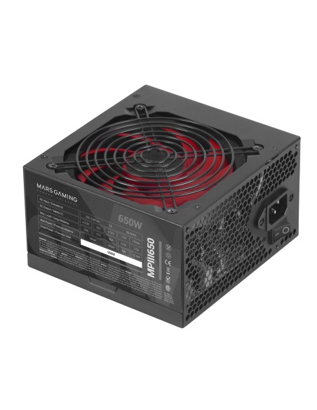 Mars Gaming MPIII650, Fuente Alimentación PC ATX 650W, 5 Años de Garantía, 85% Eficiencia, Sistema Digital APFC, Ventilador FDB