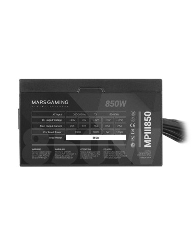 Mars Gaming MPIII850, Fuente Alimentación PC ATX 850W, 5 Años de Garantía, 85% Eficiencia, Sistema Digital APFC, Ventilador FDB