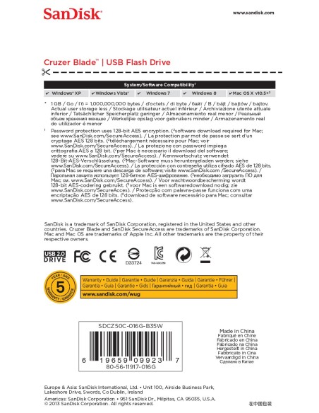 SanDisk Cruzer Blade unidad flash USB 16 GB USB tipo A 2.0 Blanco