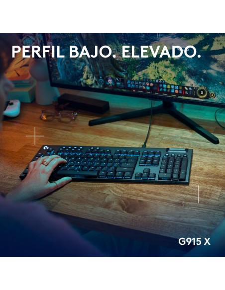 Logitech G Teclado mecánico para gaming con cable de perfil bajo G915 X, teclas de PBT de doble moldeado, teclas totalmente