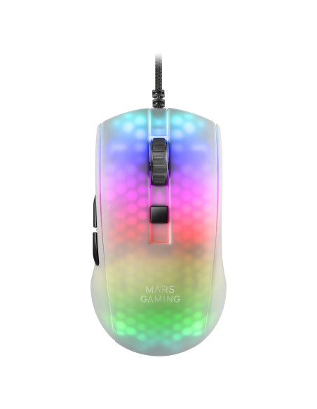 Mars Gaming MMRW, Ratón Gaming RGB Chroma, Estructura Translúcida Ultra-ligera 58 g, 12800 DPI, Switches Mecánicos HUANO, Blanco