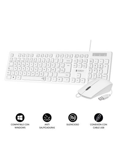 SUBBLIM Teclado Ergonómico y ratón Combo Business Slim Silencioso con cable USB Blanco