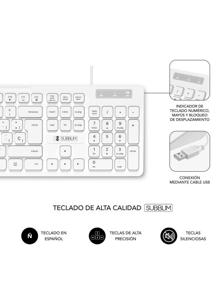 SUBBLIM Teclado Ergonómico y ratón Combo Business Slim Silencioso con cable USB Blanco