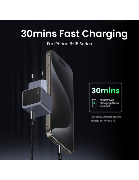 Ugreen Nexode S 30W USB-C GaN Fast Charger EU gray Teléfono móvil, Batería portátil, Teléfono Gris Corriente alterna Interior