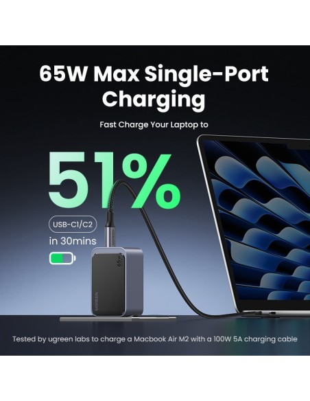 Ugreen Nexode Air 65W sieninis kroviklis, USB + 2x USB-C pilkos spalvos Ordenador portátil, Teléfono móvil, Ratón, Portátil,