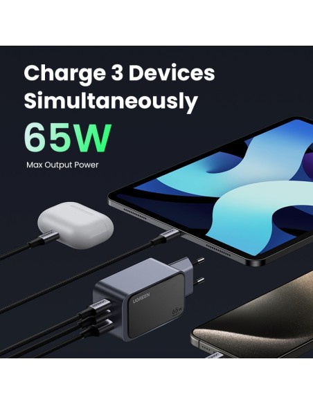 Ugreen Nexode Air 65W sieninis kroviklis, USB + 2x USB-C pilkos spalvos Ordenador portátil, Teléfono móvil, Ratón, Portátil,
