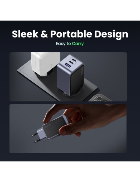 Ugreen Nexode Air 65W sieninis kroviklis, USB + 2x USB-C pilkos spalvos Ordenador portátil, Teléfono móvil, Ratón, Portátil,