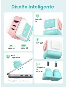 Ugreen Uno RG 65W 3-Port GaN Fast Charger pink blue Ordenador portátil, Teléfono móvil, Portátil, Tableta, Teléfono Azul 2