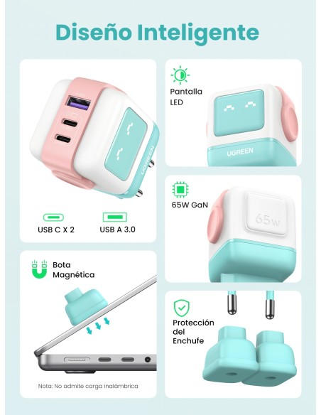 Ugreen Uno RG 65W 3-Port GaN Fast Charger pink blue Ordenador portátil, Teléfono móvil, Portátil, Tableta, Teléfono Azul