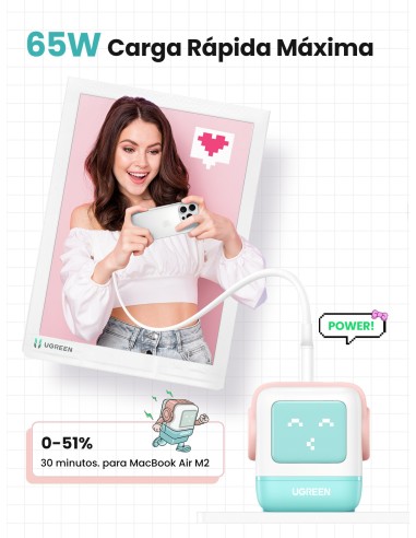 Ugreen Uno RG 65W 3-Port GaN Fast Charger pink blue Ordenador portátil, Teléfono móvil, Portátil, Tableta, Teléfono Azul