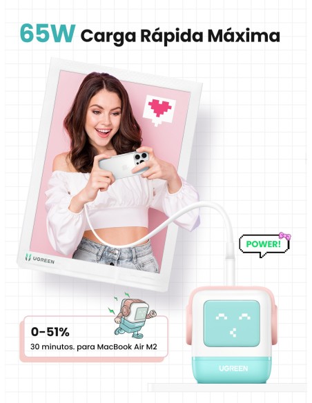 Ugreen Uno RG 65W 3-Port GaN Fast Charger pink blue Ordenador portátil, Teléfono móvil, Portátil, Tableta, Teléfono Azul