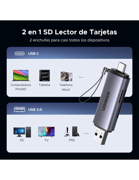 Ugreen 50706 lector de tarjeta USB Micro-USB Plata