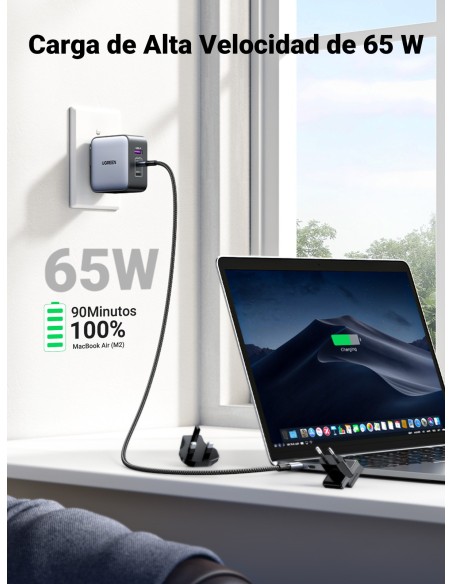 Ugreen 65W Nexode GaN Auriculares, Teléfono móvil, Portátil, Reloj inteligente, Tableta Gris USB Carga rápida Interior