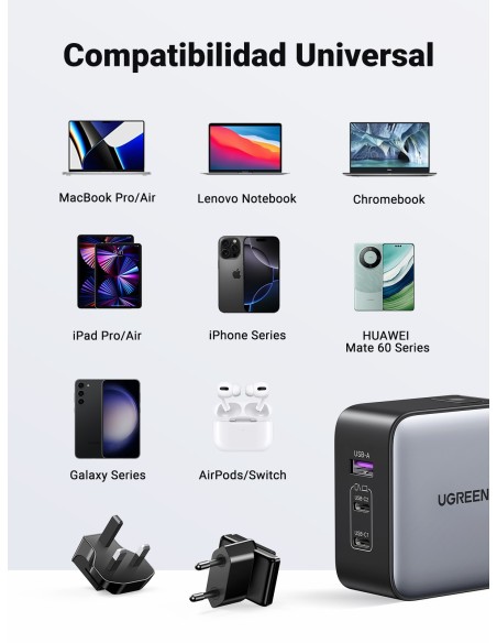 Ugreen 65W Nexode GaN Auriculares, Teléfono móvil, Portátil, Reloj inteligente, Tableta Gris USB Carga rápida Interior